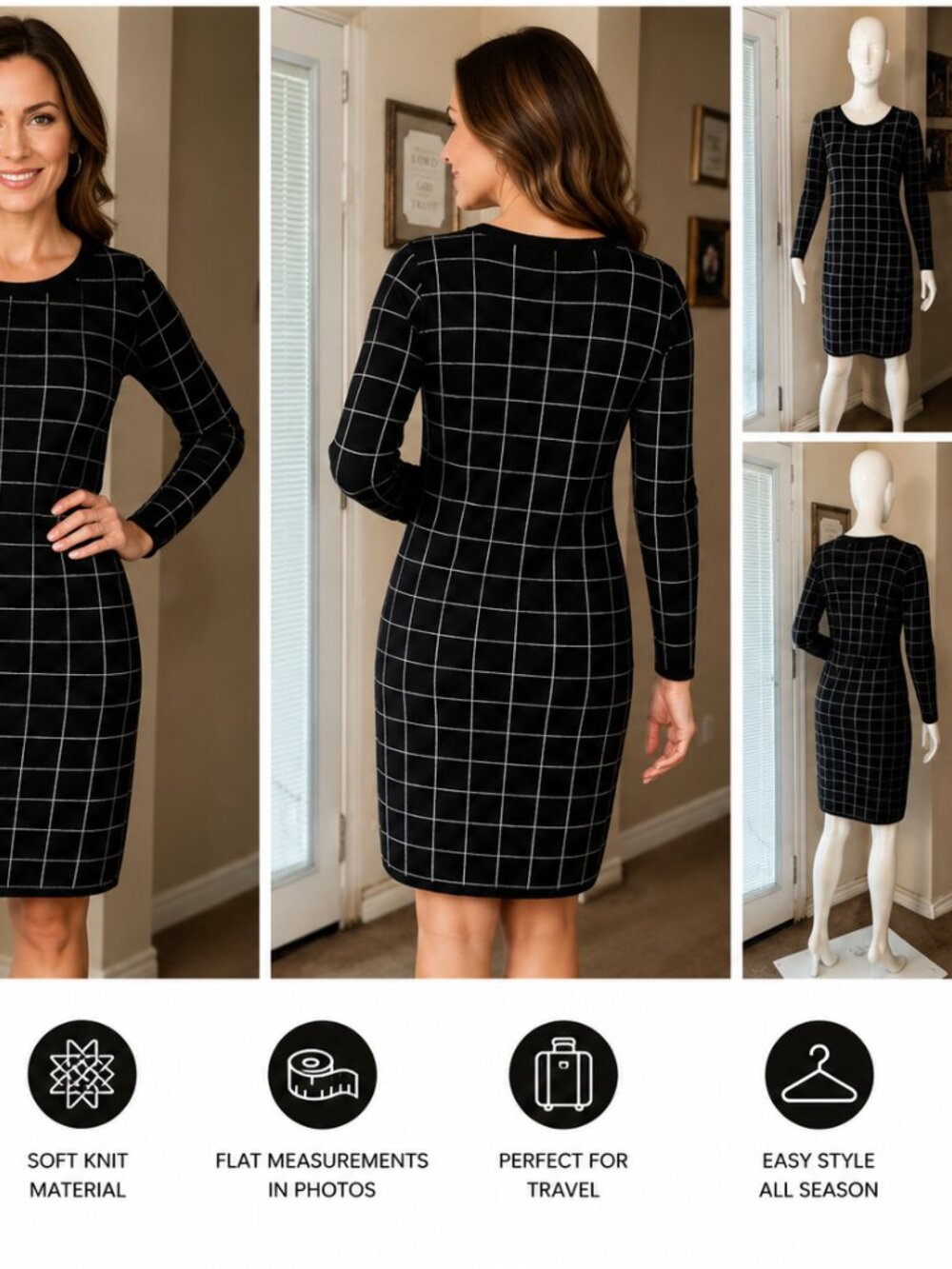Cashel Black White Windowpane Grid Sweater Dress Women's Large Long Sleeve Knit